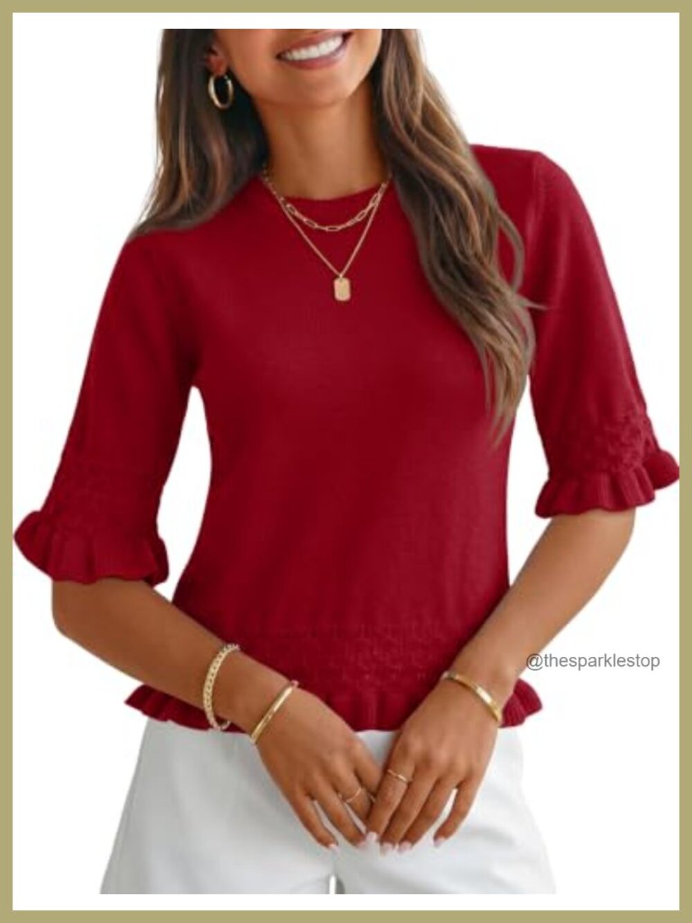 Womens 3/4 Sleeve Peplum Sweater Crewneck Knit Ruffle Hem Pullover Top